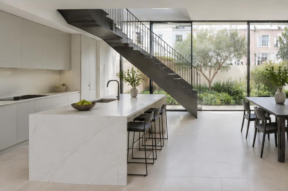 Completed contemporary kitchen and open staircase with garden glazing in Primrose Hill