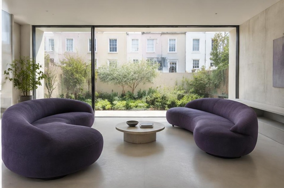 Minimalist contemporary living space with local residential garden views in Primrose Hill