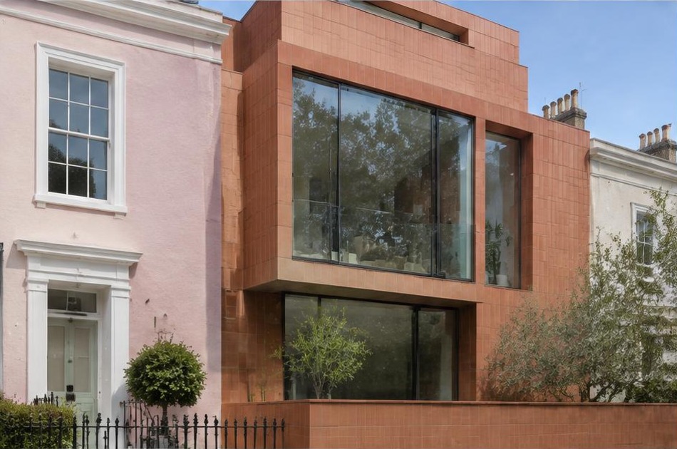 Retained historic facade beside a dominant contemporary glazed addition in Primrose Hill