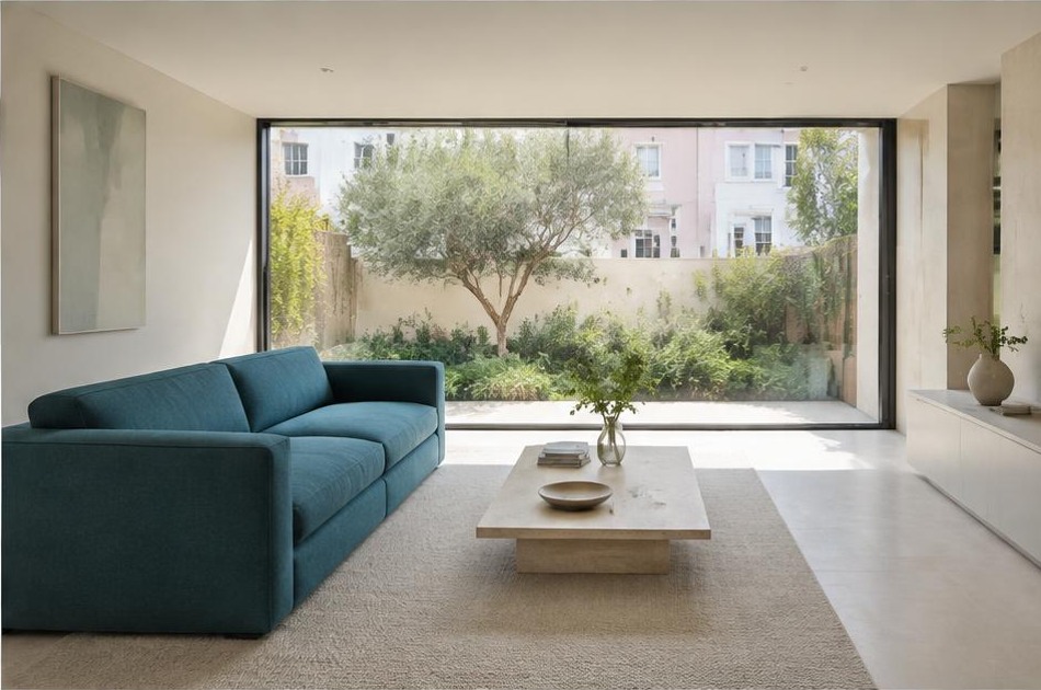 Contemporary refurbished interior with broad garden glazing in Primrose Hill