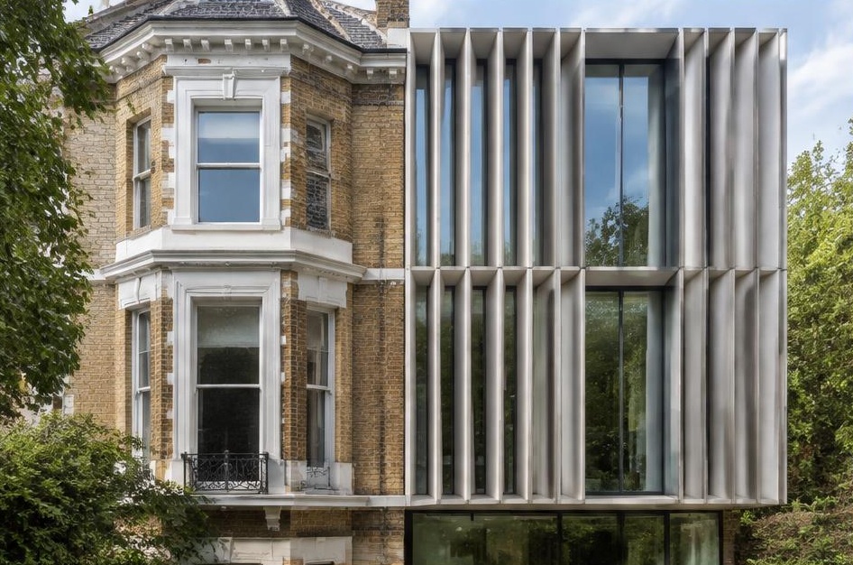 Retained period facade beside a prominent contemporary glazed addition in Putney