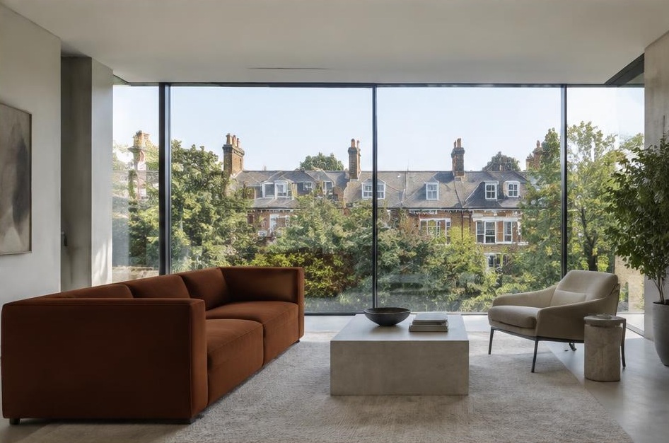 Minimalist living room with a structured fabric sofa and views of Putney homes and gardens