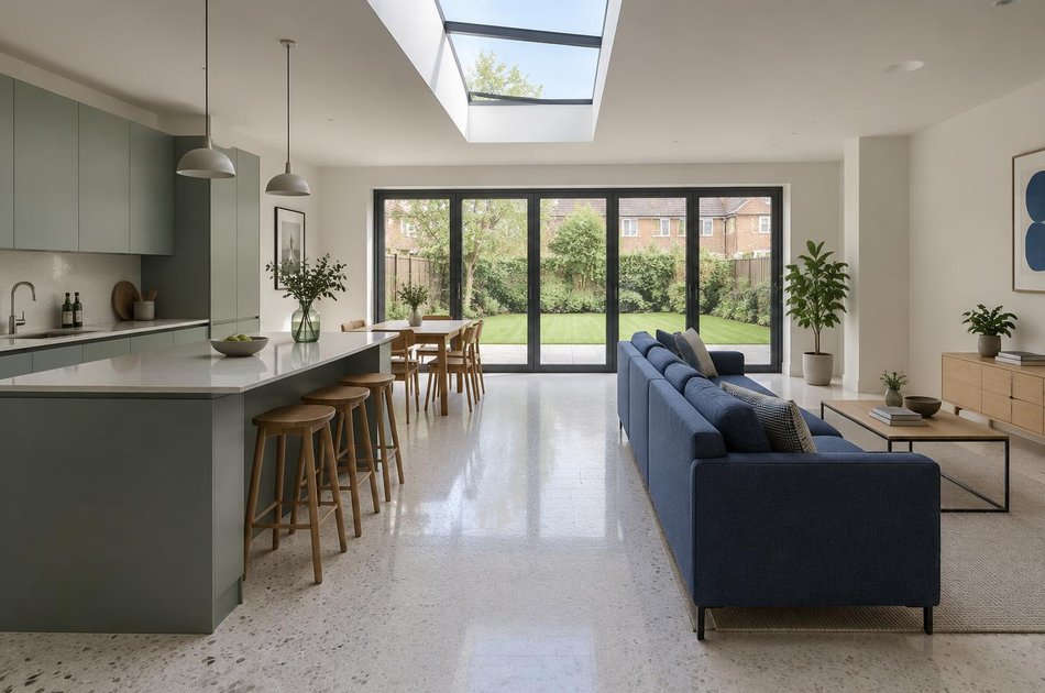 Contemporary living space opening onto a garden in Rayners Lane