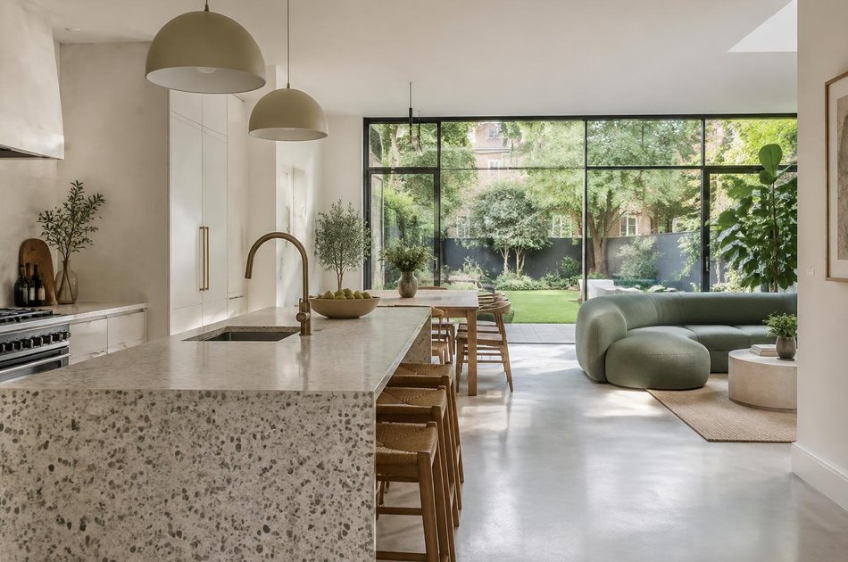 Refurbished kitchen-living space with a terrazzo island and curved sofa in Raynes Park