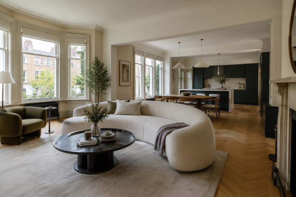 Open-plan living room with a curved boucle sofa in Redbridge