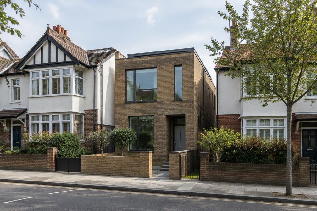 Interwar suburban street with a modern brick infill house in Redbridge