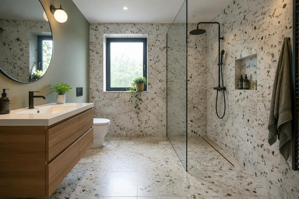 Refurbished bathroom with terrazzo tiles and walk-in shower in Redbridge