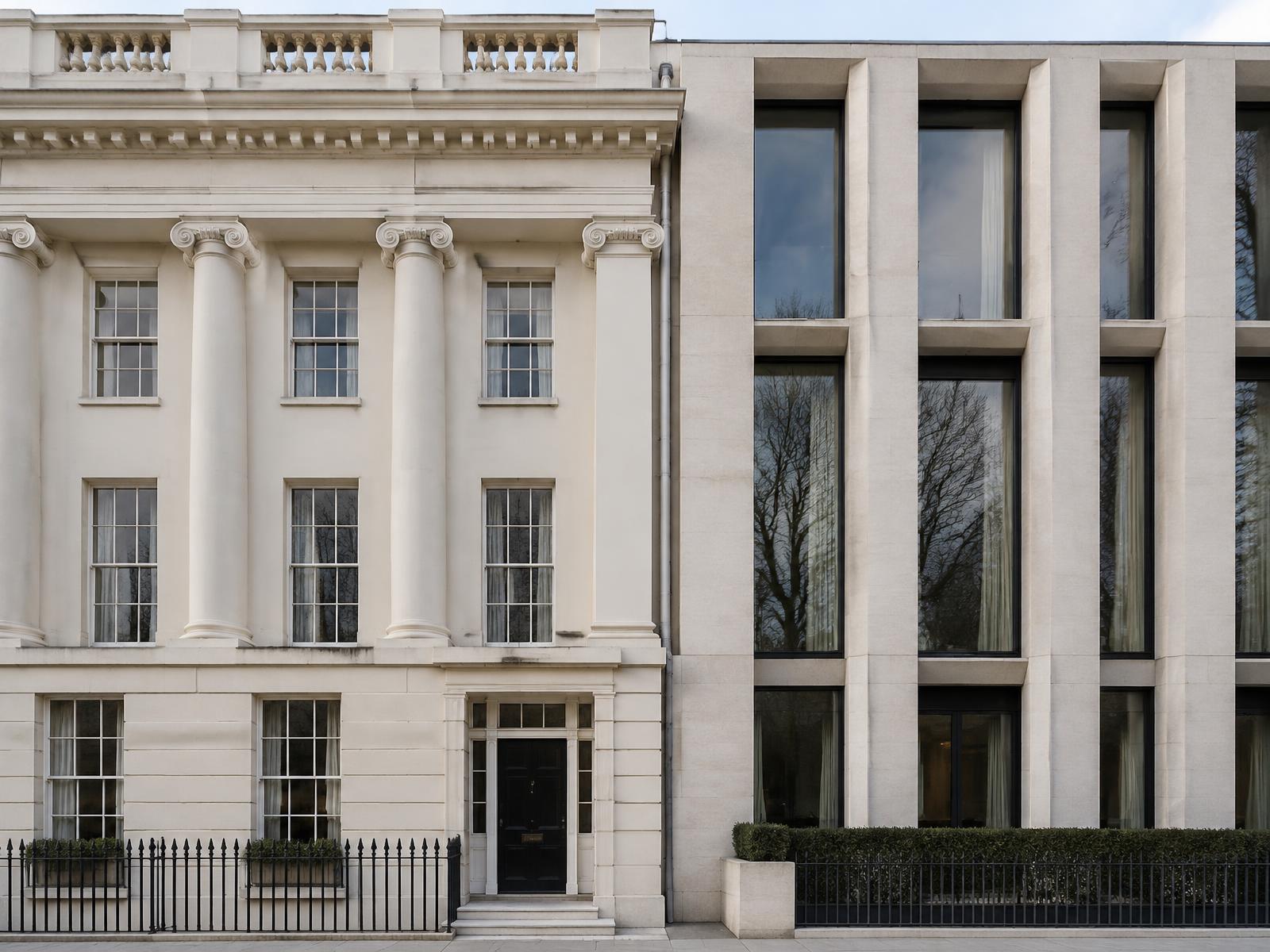 Nash Classical stucco terrace directly beside a contemporary limestone-framed building at Regent's Park