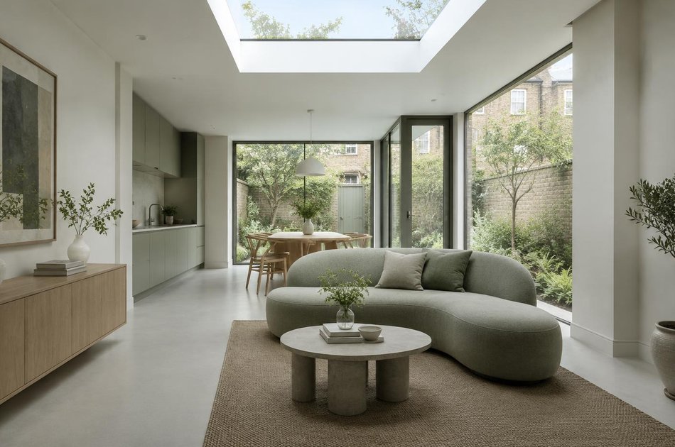 Contemporary living space opening onto a garden in Romford