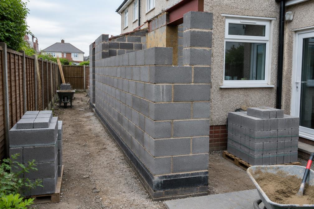 Side extension blockwork rising beside a semi-detached house in Ruislip