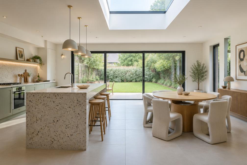 Kitchen extension with rooflight and round dining table in Ruislip