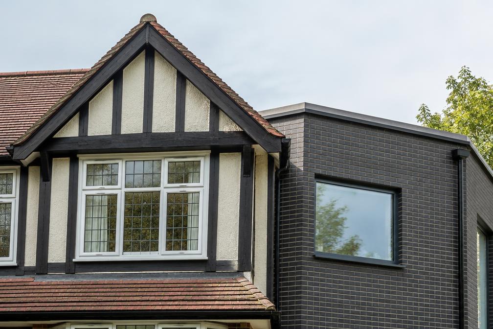 Interwar gable beside a contemporary brick extension in Ruislip