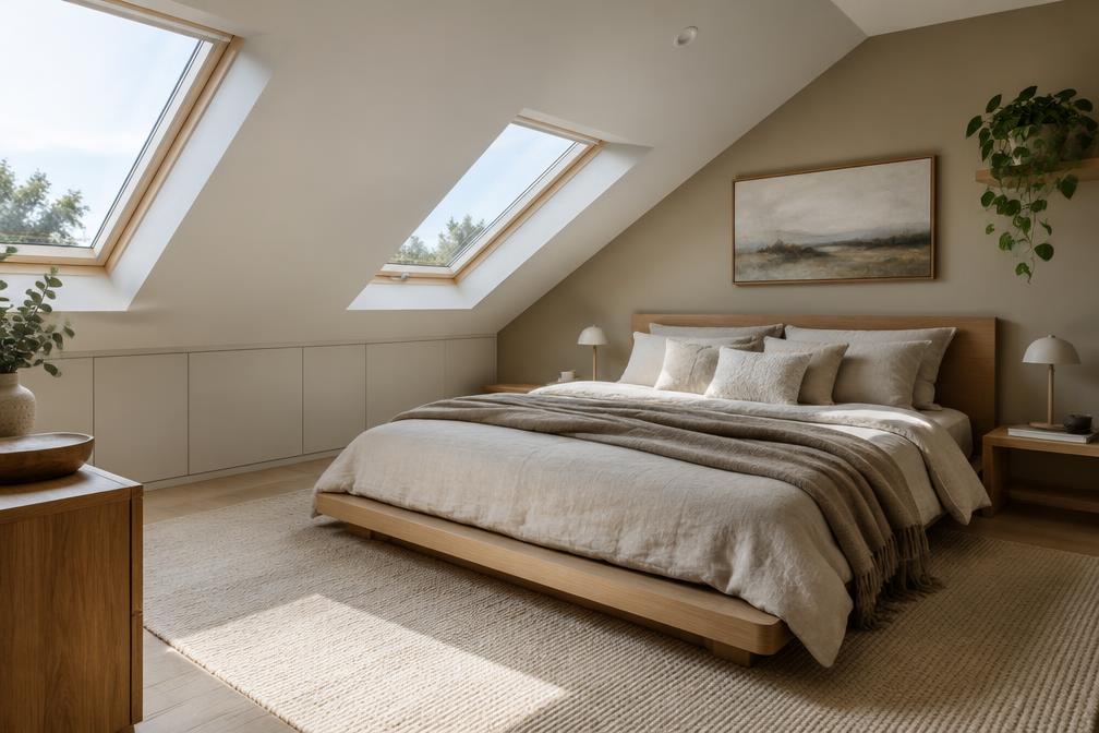 Refurbished modern loft bedroom with roof windows in Ruislip