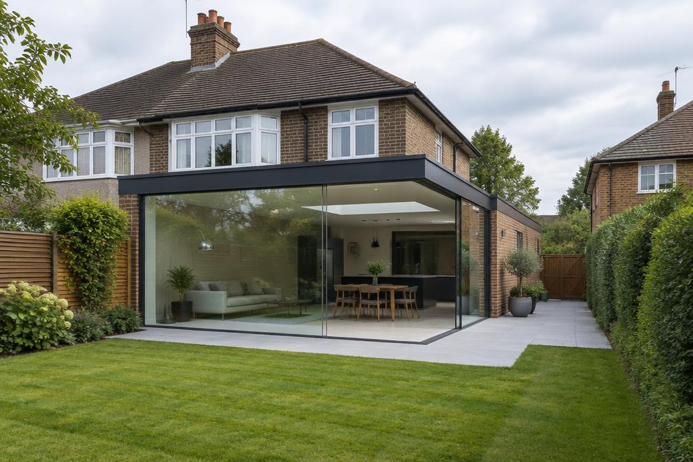 Semi-detached house with a contemporary glazed corner extension facing a lawn