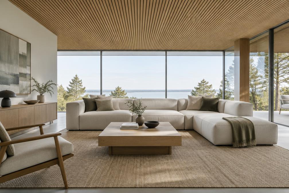 Bright living room with modular linear sofa and timber-slatted ceiling