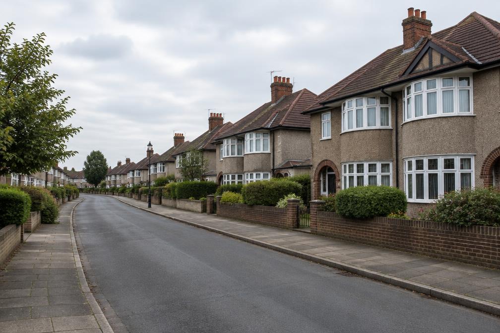 Quiet suburban road of 1930s semi-detached houses with bay windows