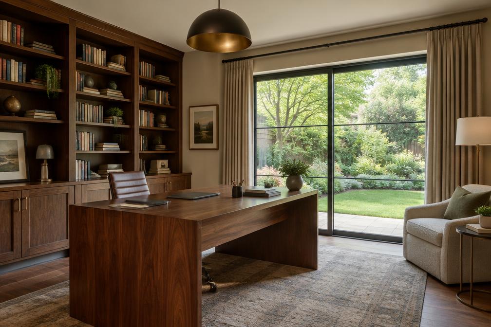 Refurbished home office with walnut desk and garden view