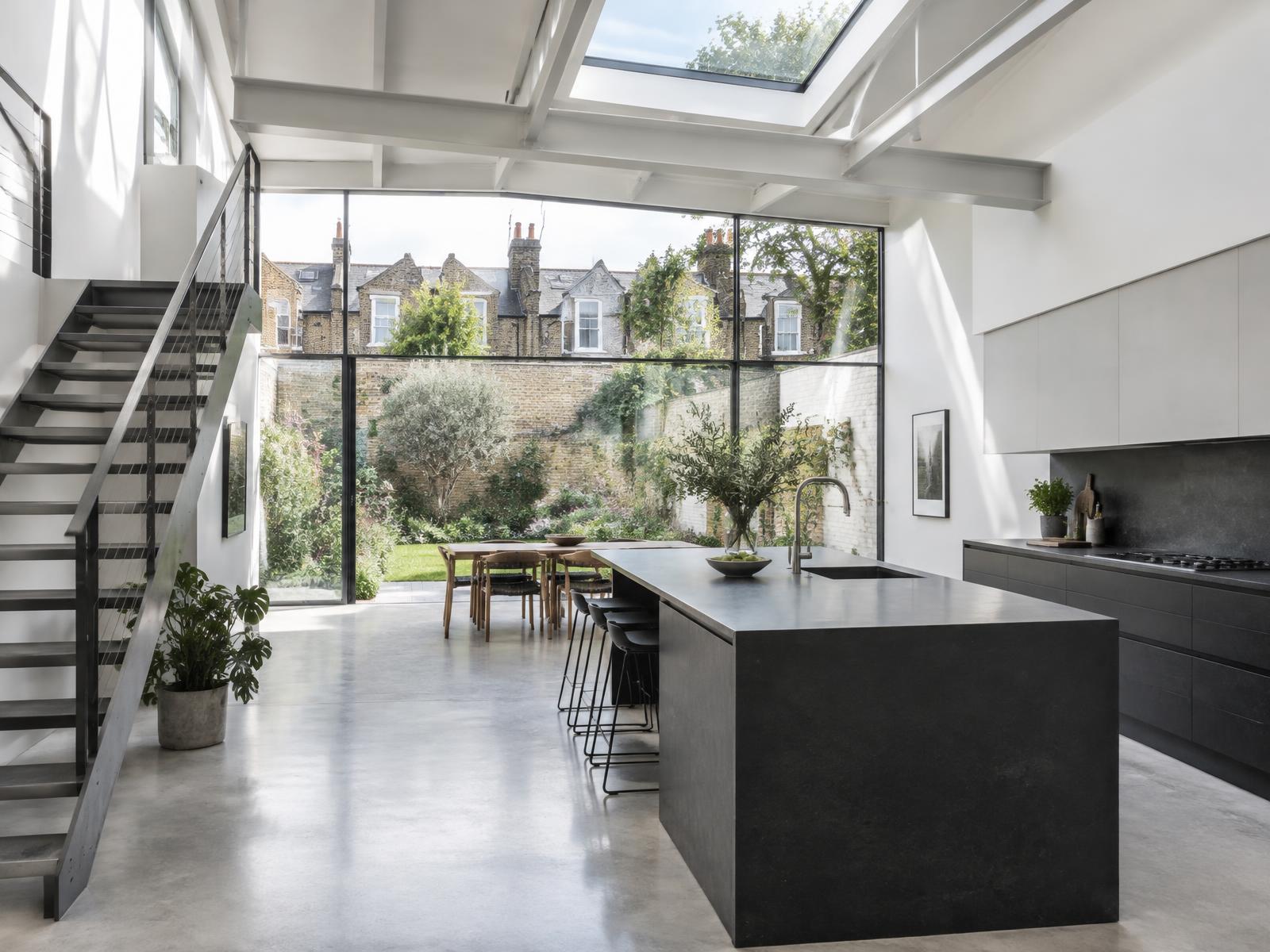 Contemporary kitchen with open staircase and glazing onto a residential garden in Sands End