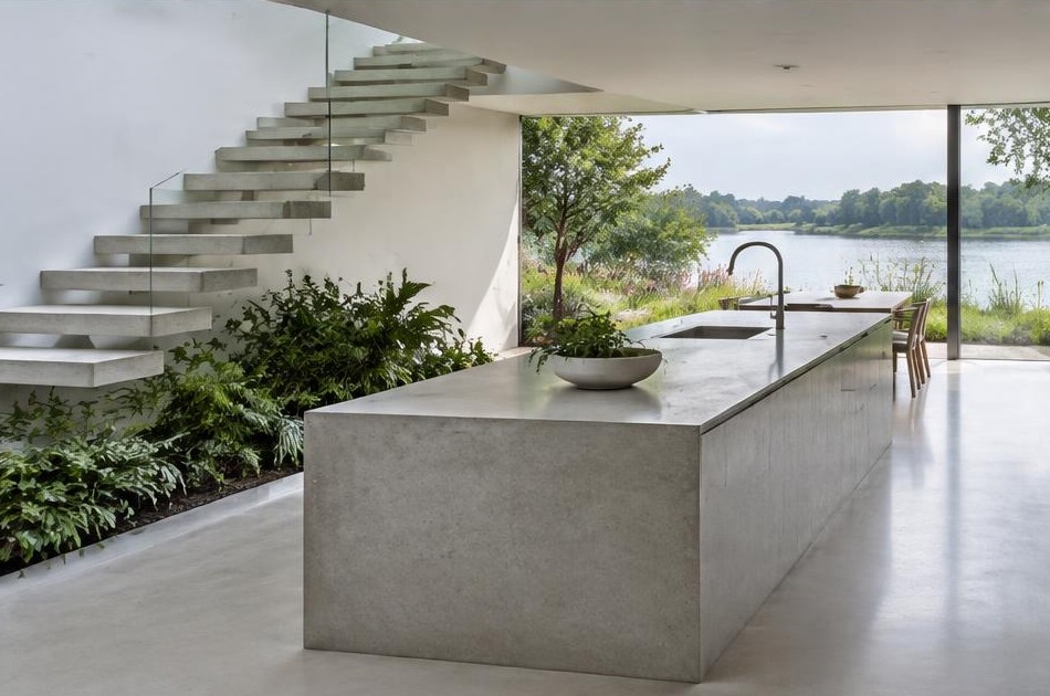 Completed contemporary kitchen with open staircase and garden glazing in Seething Wells