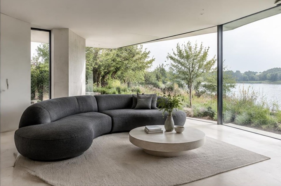 Minimalist living space with local residential garden views in Seething Wells