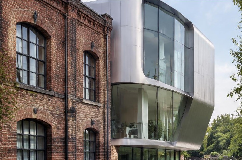 Retained original facade beside a dominant contemporary glazed addition in Seething Wells