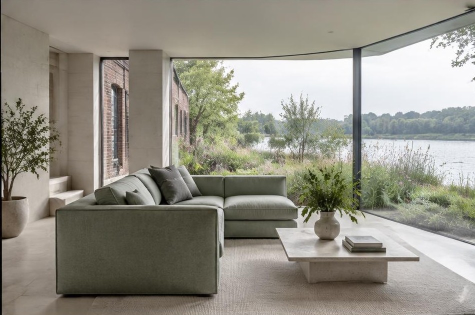 Contemporary refurbished living room with local garden views in Seething Wells