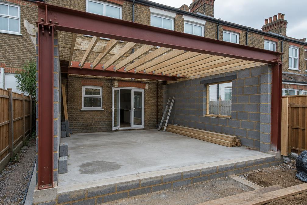 Steel frame and roof joists for a terraced house kitchen extension in Seven Kings