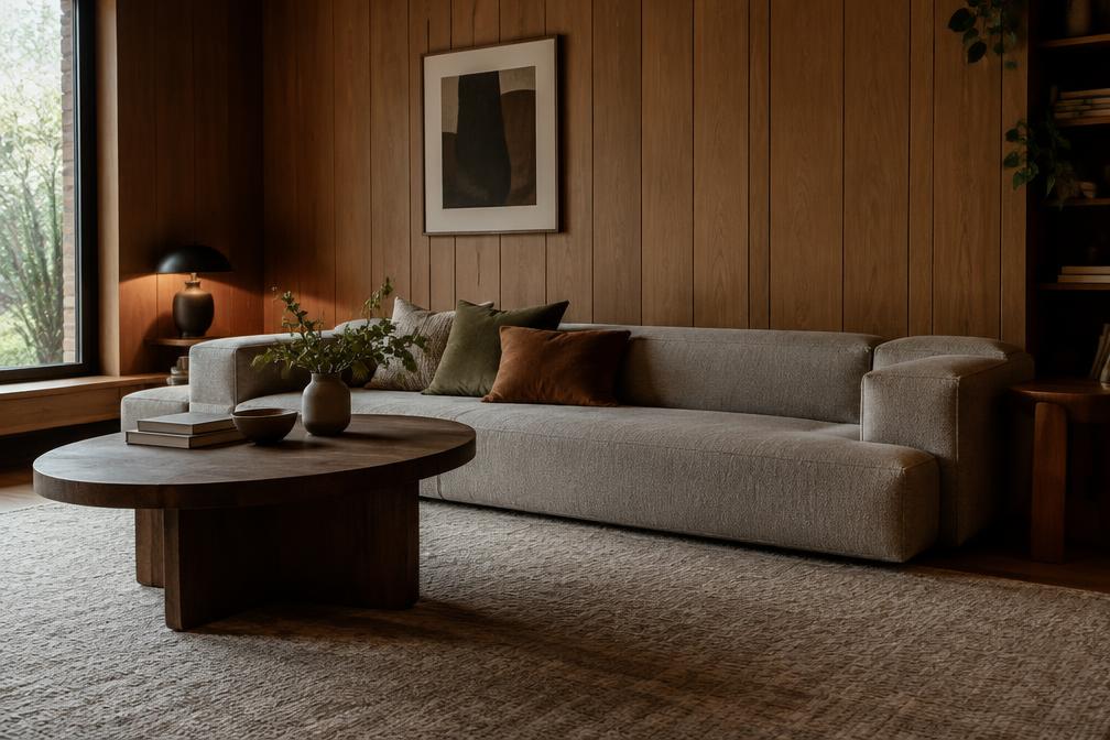 Snug with a low straight sofa and timber wall panelling in Seven Kings