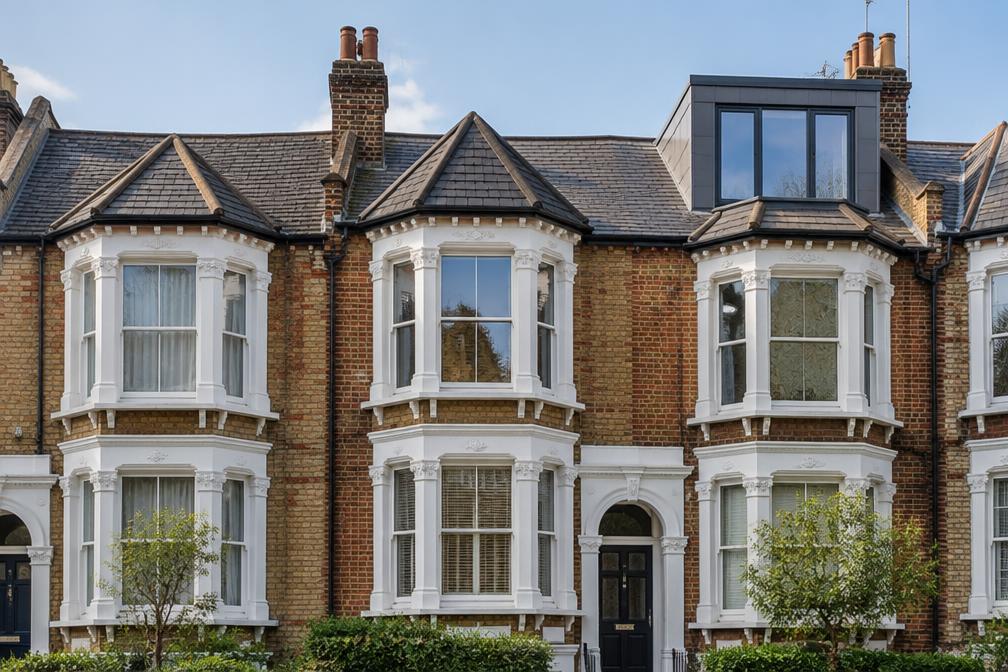 Edwardian bay-fronted terraces with one modern dormer in Seven Kings