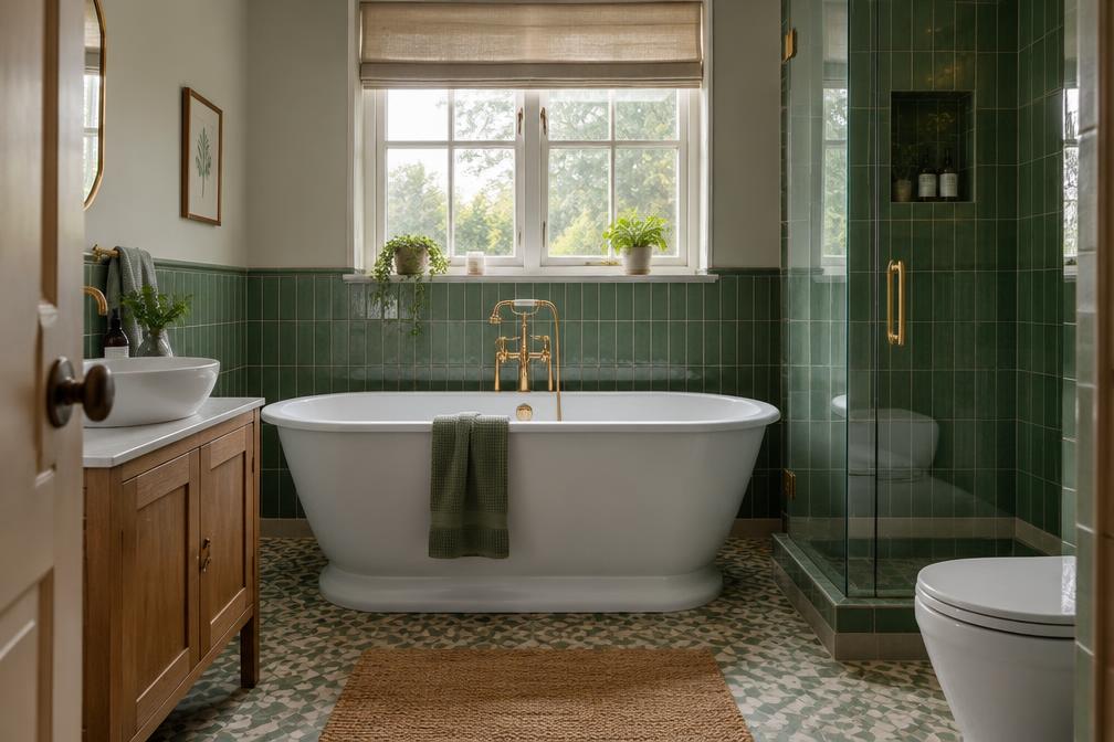 Refurbished family bathroom with green glazed tiles and freestanding bath in Seven Kings