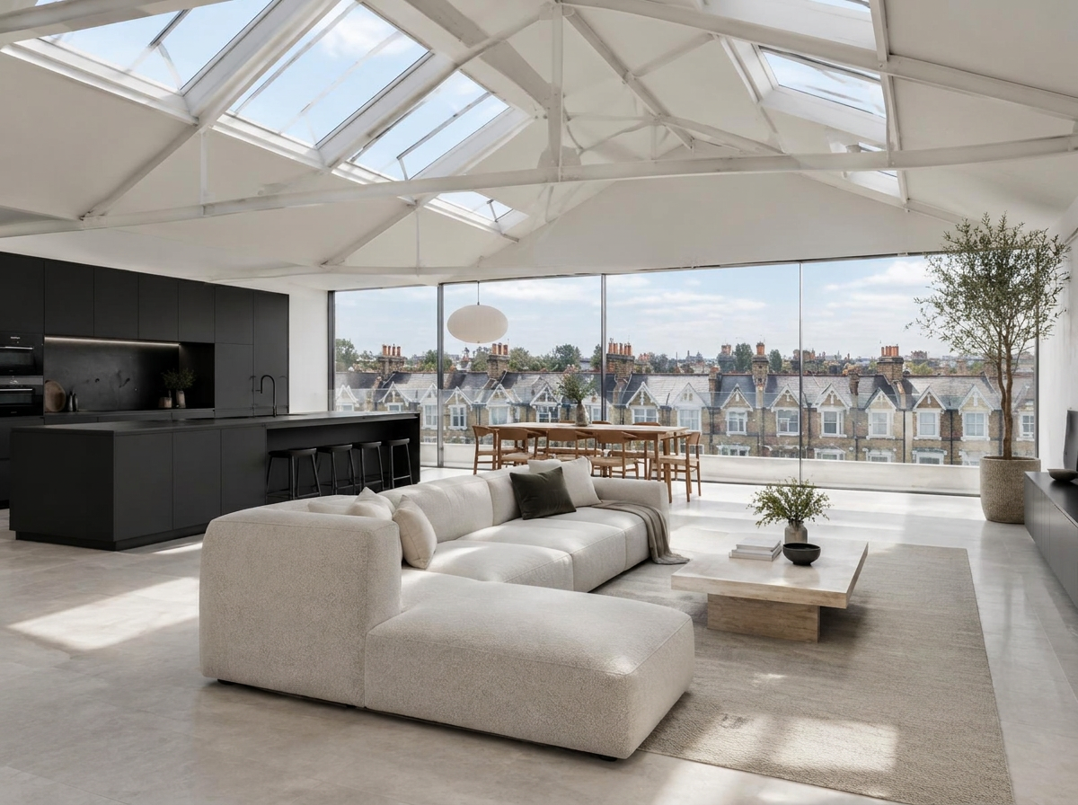 Loft-level living space with white steel roof trusses, rooflights and glazing over terrace rooftops