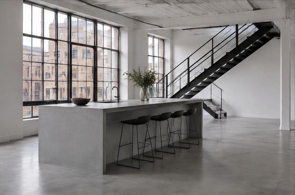 Completed contemporary kitchen with open staircase and garden glazing in Shoreditch
