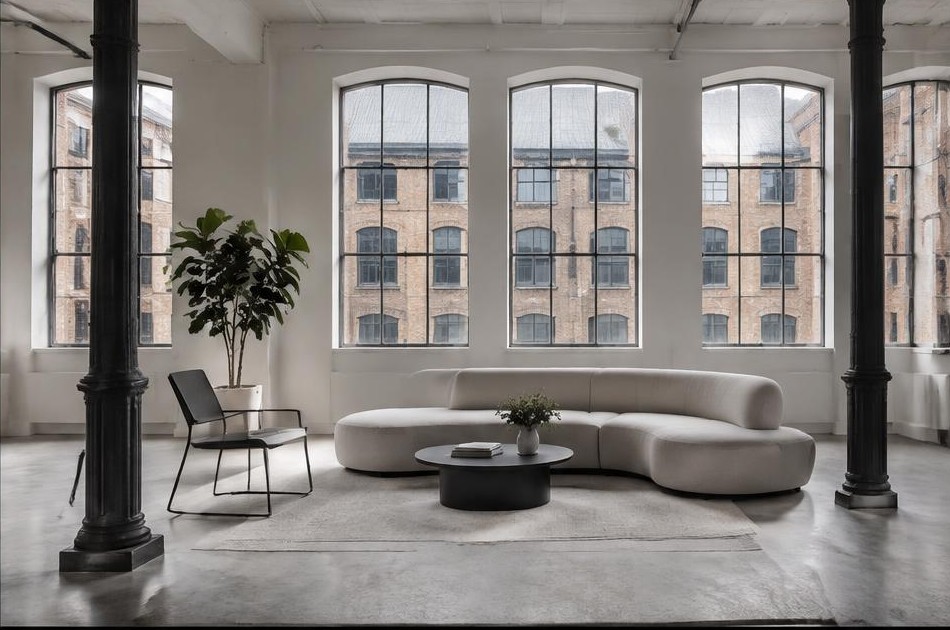 Minimalist living space with local residential garden views in Shoreditch