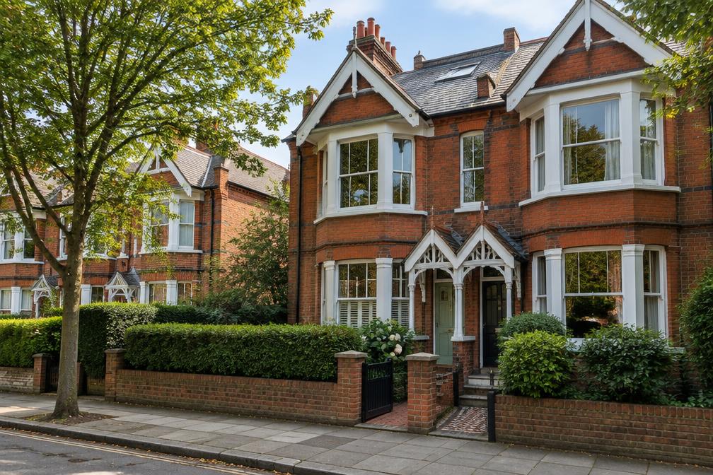 Edwardian villas with red brick, white-painted bays and front gardens