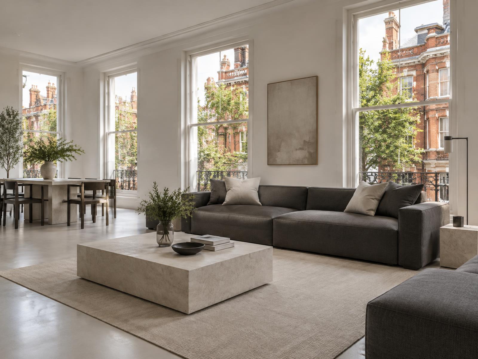 Minimalist mansion flat with a square-edged charcoal sofa and windows onto red brick mansion blocks
