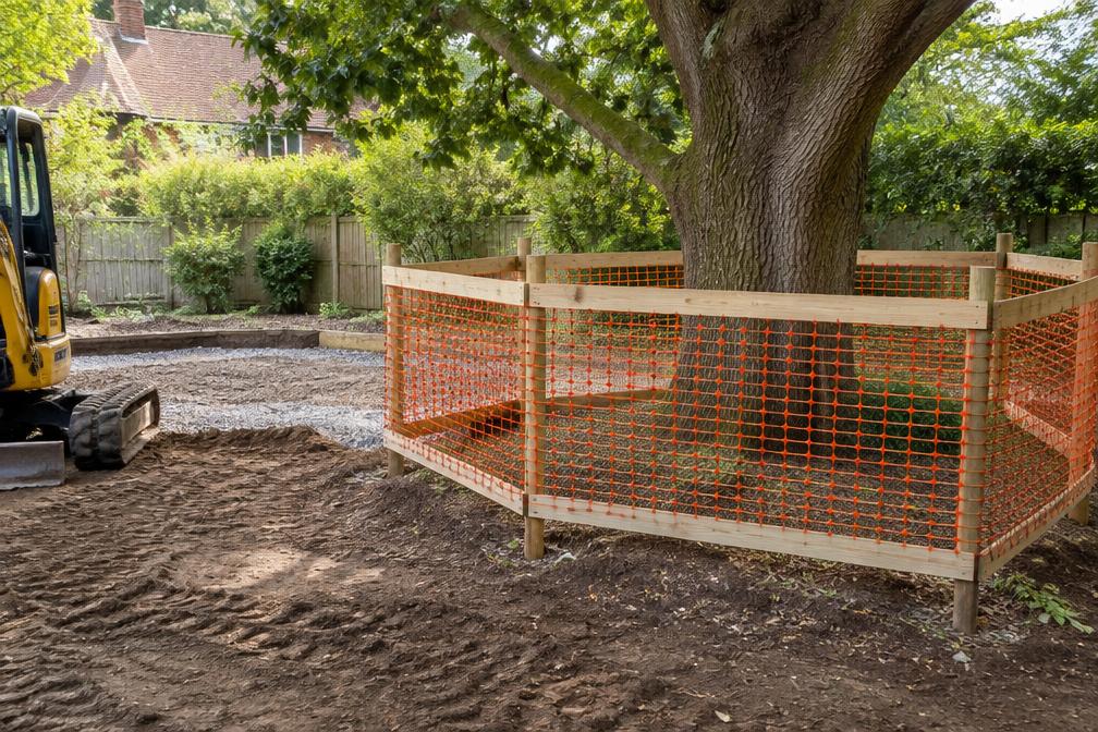 Root protection fencing around a mature tree during groundworks in Snaresbrook