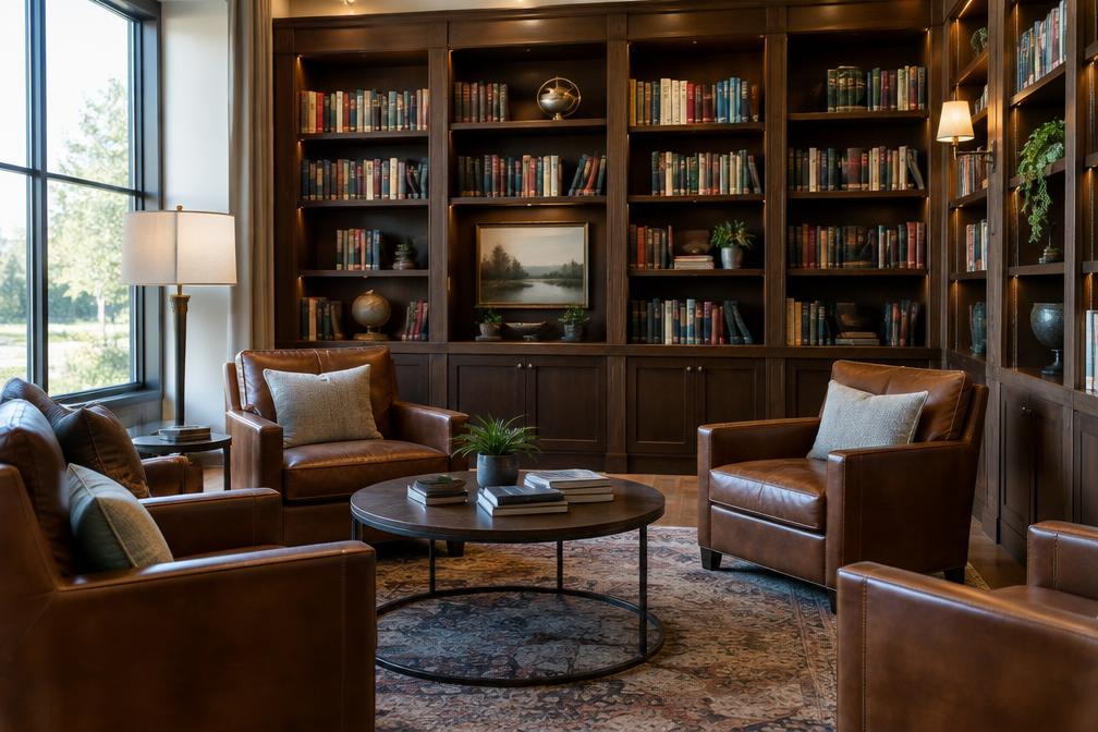Library lounge with leather armchairs and built-in bookshelves in Snaresbrook
