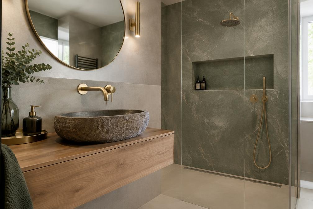 Refurbished ensuite with stone basin and brass fittings in Snaresbrook