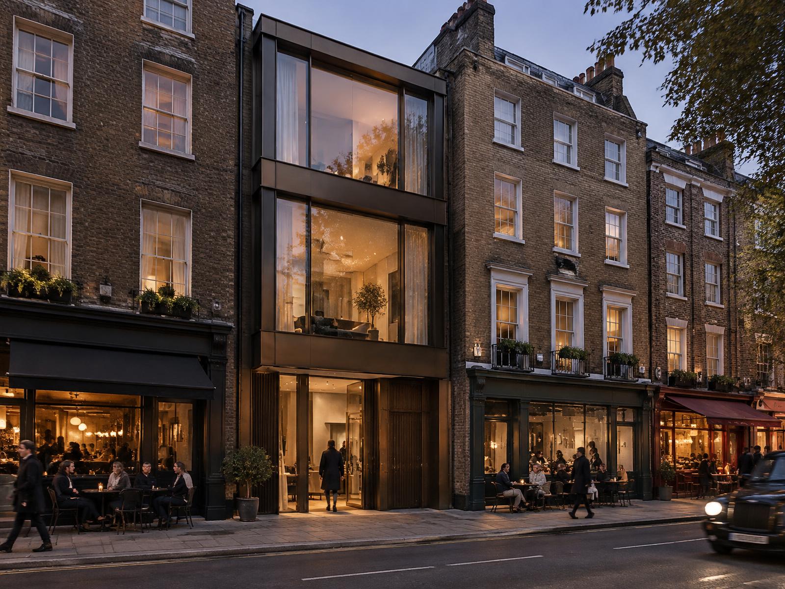 Soho street at dusk with Georgian brick townhouses, busy restaurants and a contemporary bronze and glass infill building