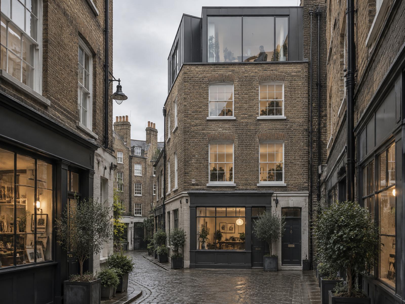 Narrow Soho court with a Georgian brick building topped by a dark zinc and glass roof extension