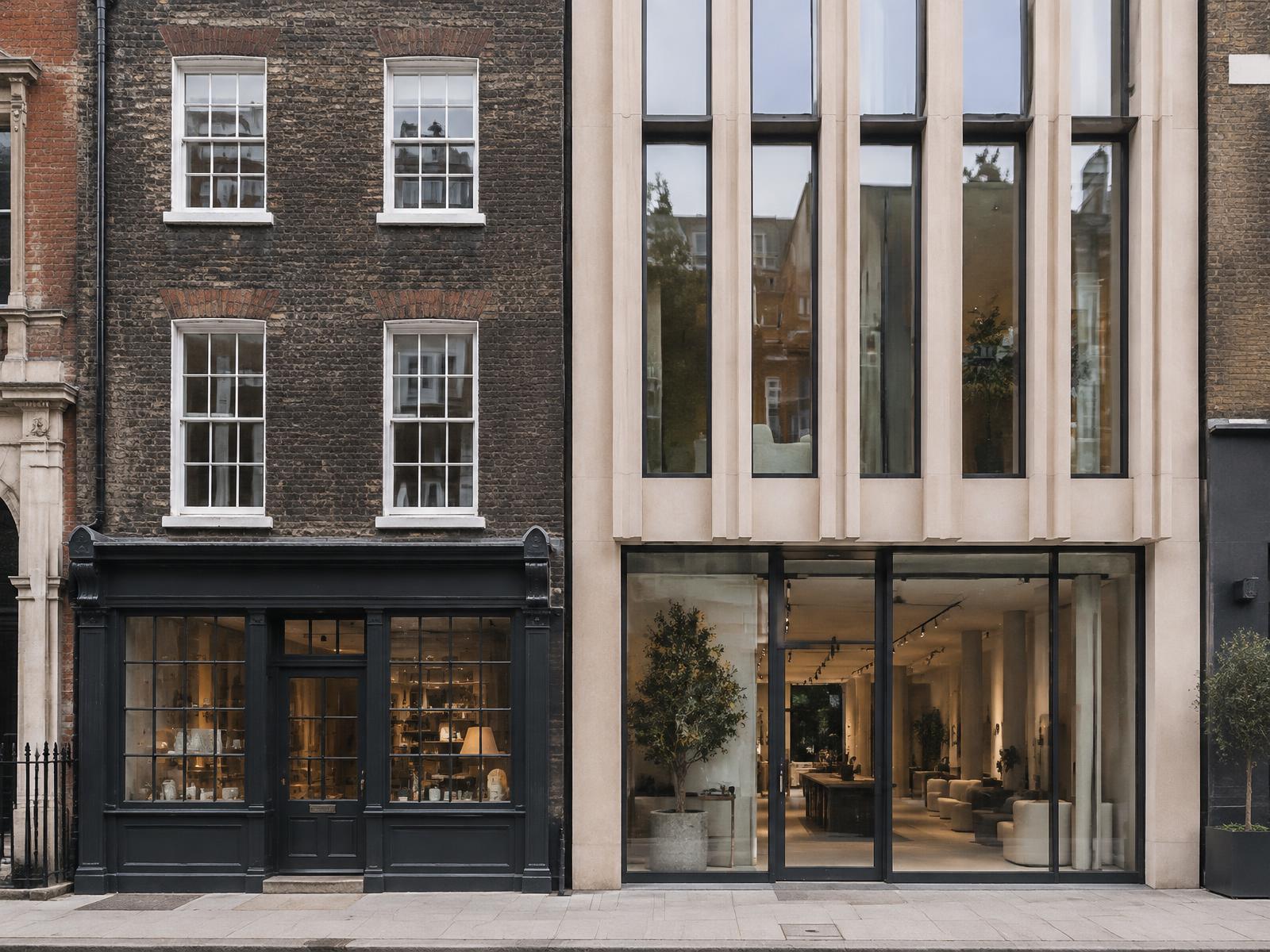 Soot-darkened Georgian brick shopfront building directly beside a contemporary pale stone and glass building in Soho