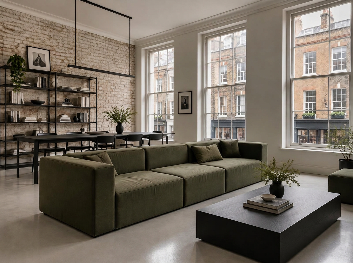 Minimalist opened-up upper floor with a square-edged olive sofa and sash windows onto a Soho street
