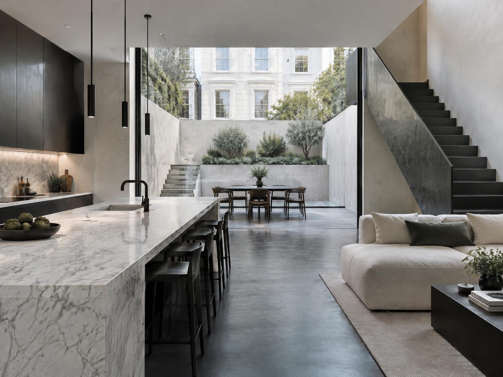 Lower-ground marble kitchen with black steel stair and a sunken courtyard beneath a white stucco South Kensington terrace