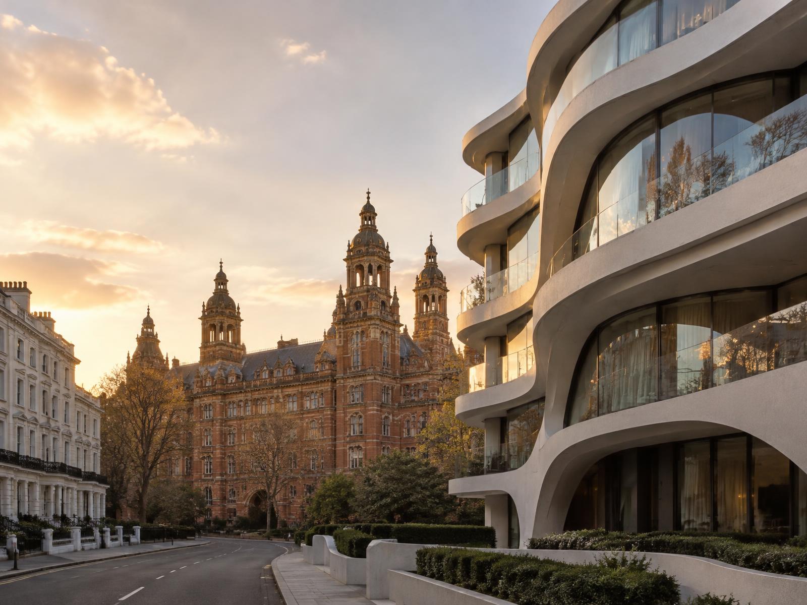 Flowing contemporary residential building beside white stucco terraces with a red-brick terracotta museum-quarter building behind at golden hour