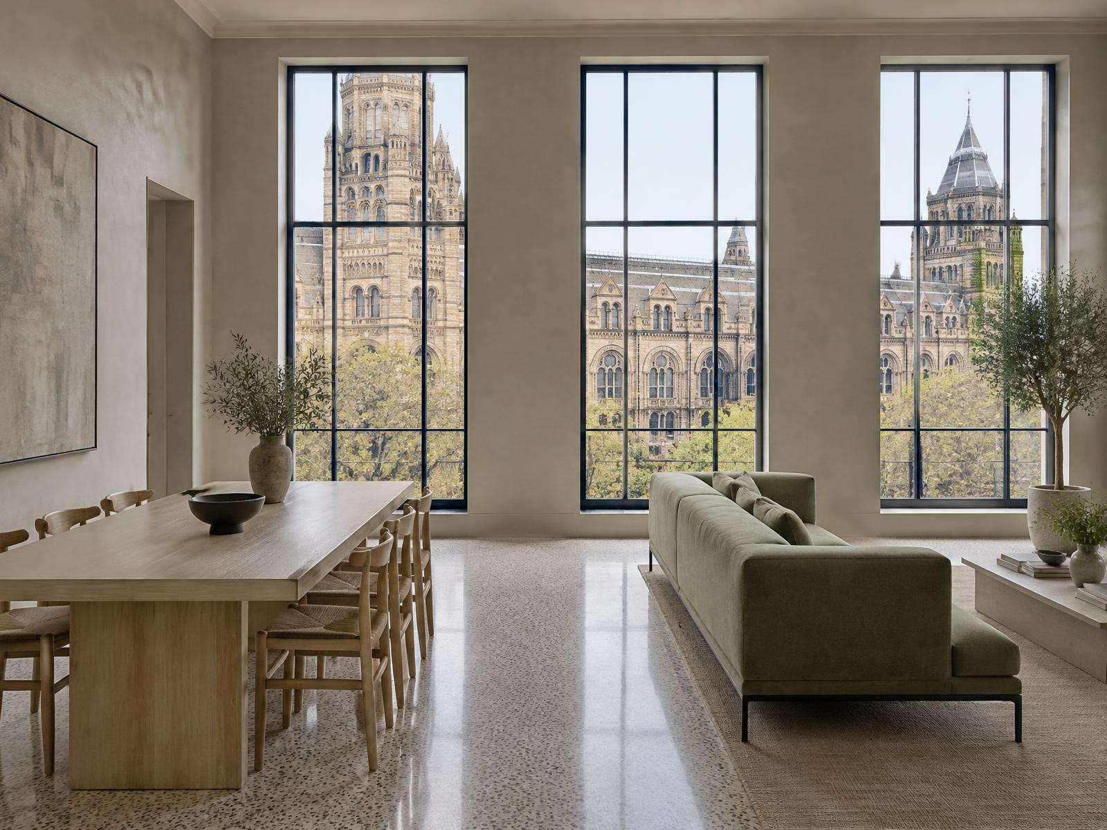 Minimalist terrazzo-floored living space with a straight-lined sage sofa and tall windows facing the Natural History Museum