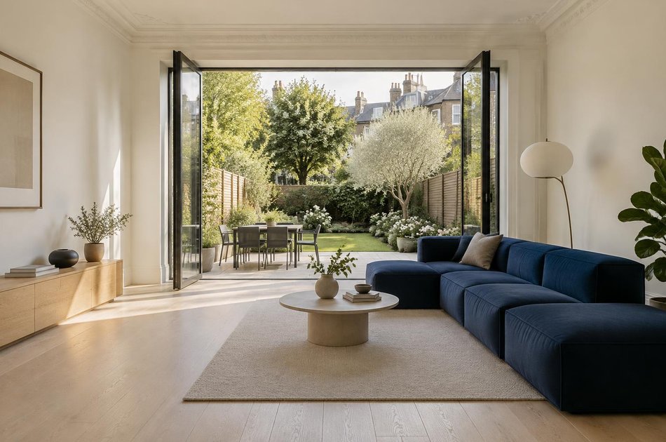 Living room with a linear sofa and glass doors open to a garden in South Wimbledon