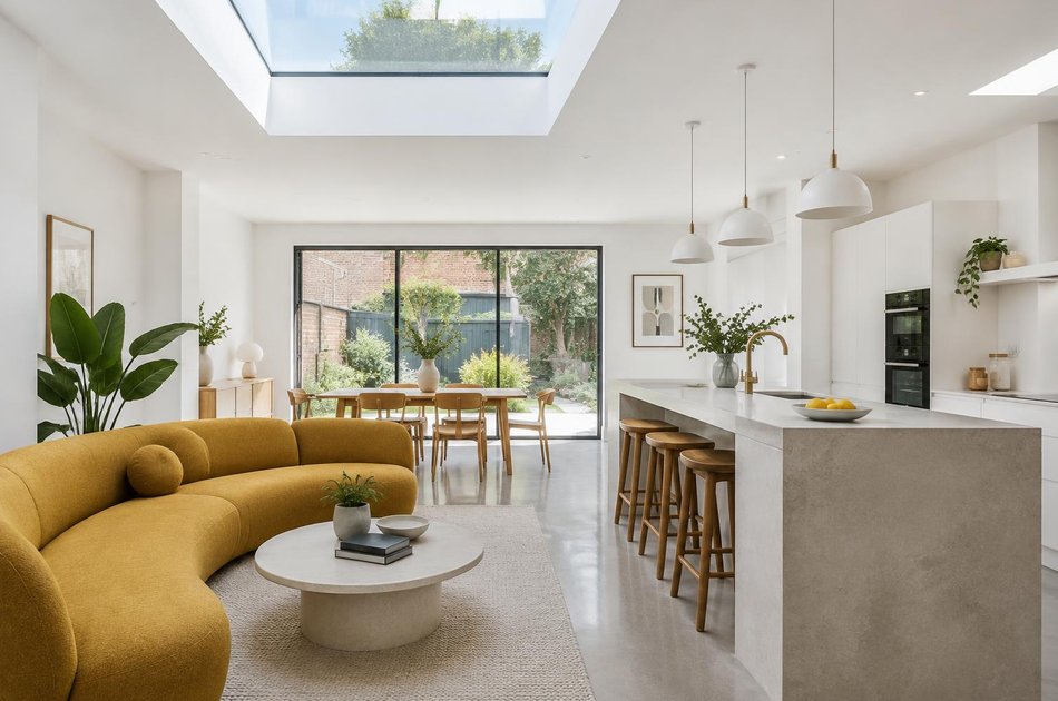 Refurbished open-plan space with a curved sofa and rooflight in South Wimbledon