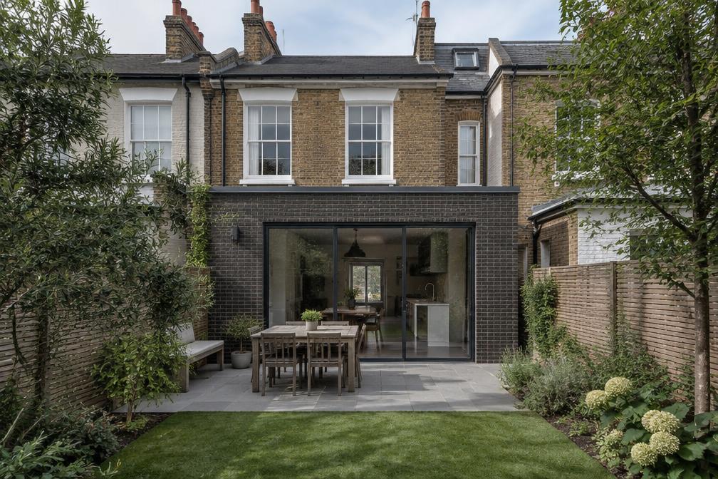 Edwardian terrace with a dark brick rear extension in South Woodford