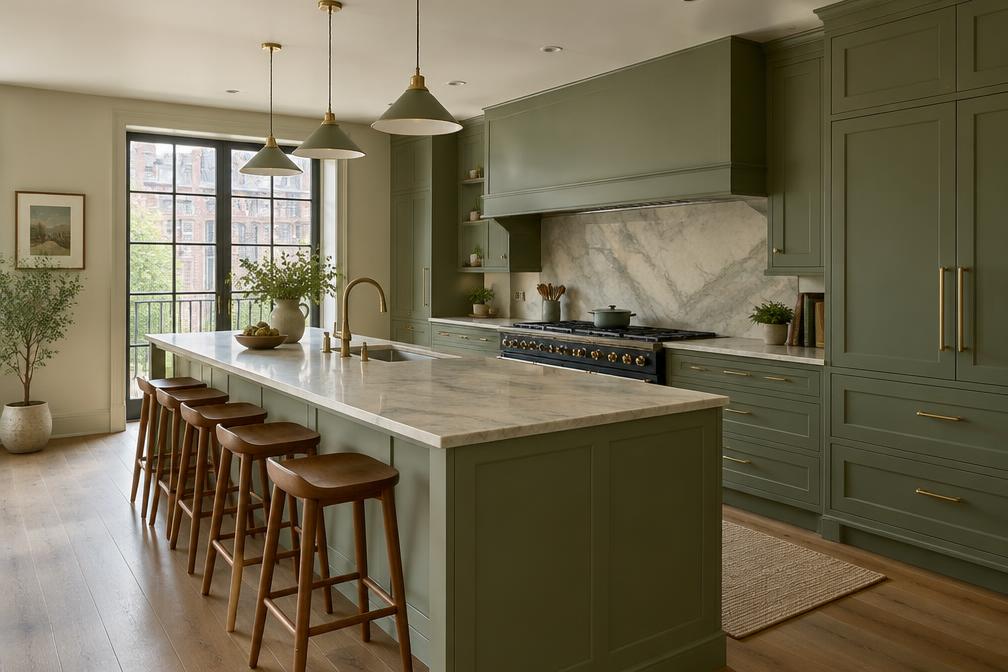 Kitchen with sage cabinetry and a long island in South Woodford