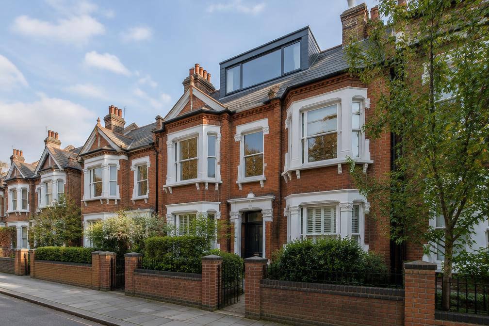 Residential street of red-brick Edwardian houses with a modern loft dormer in South Woodford